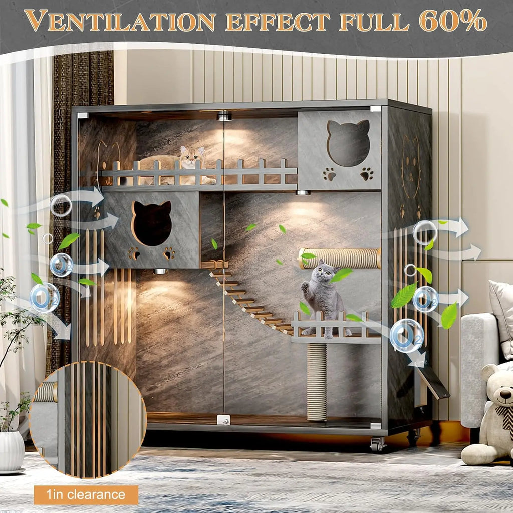 Wooden Cat Cage Indoor with Wheels — Large Condo