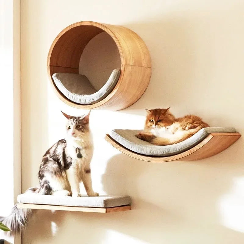 Wooden Wall-Mounted Cat Climbing Shelves — Sisal Scratching Post, Pedal & Hammock Indoor Kitten Playground!