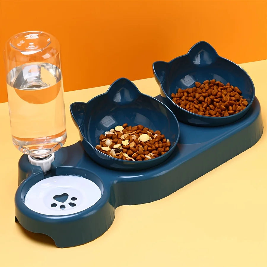 3-In-1 Tilted Cat Bowl Set with Gravity Water Feeder — Cute Ear Design for Neck Protection!