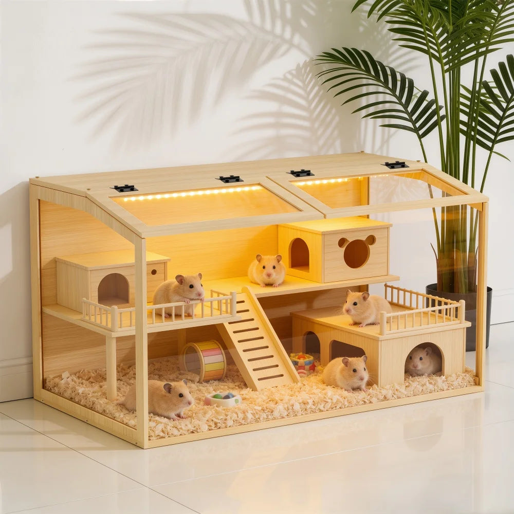 Large Wooden Hamster Cage with Glass & LED