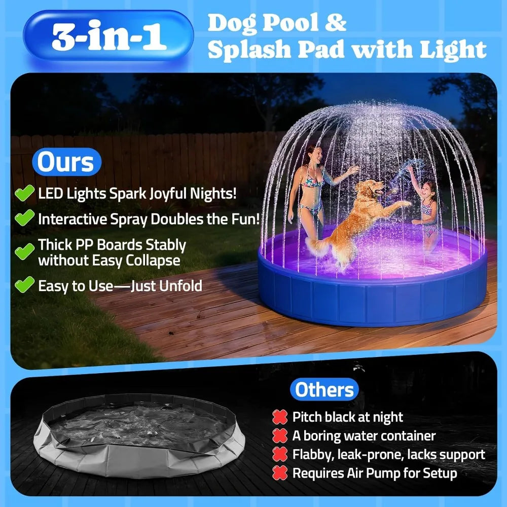 Foldable Dog Pool with Sprinkler & LED Light