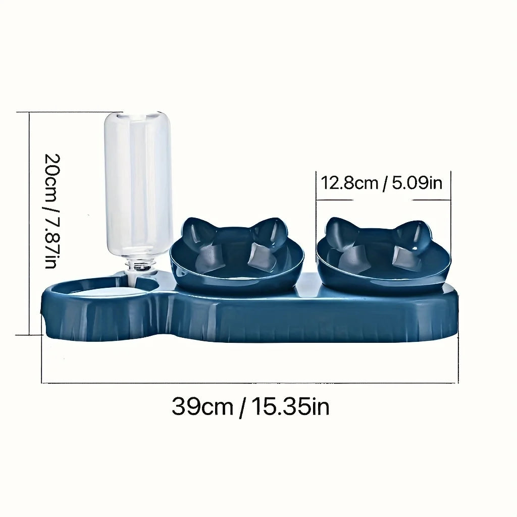 3-In-1 Tilted Cat Bowl Set with Gravity Water Feeder — Cute Ear Design for Neck Protection!
