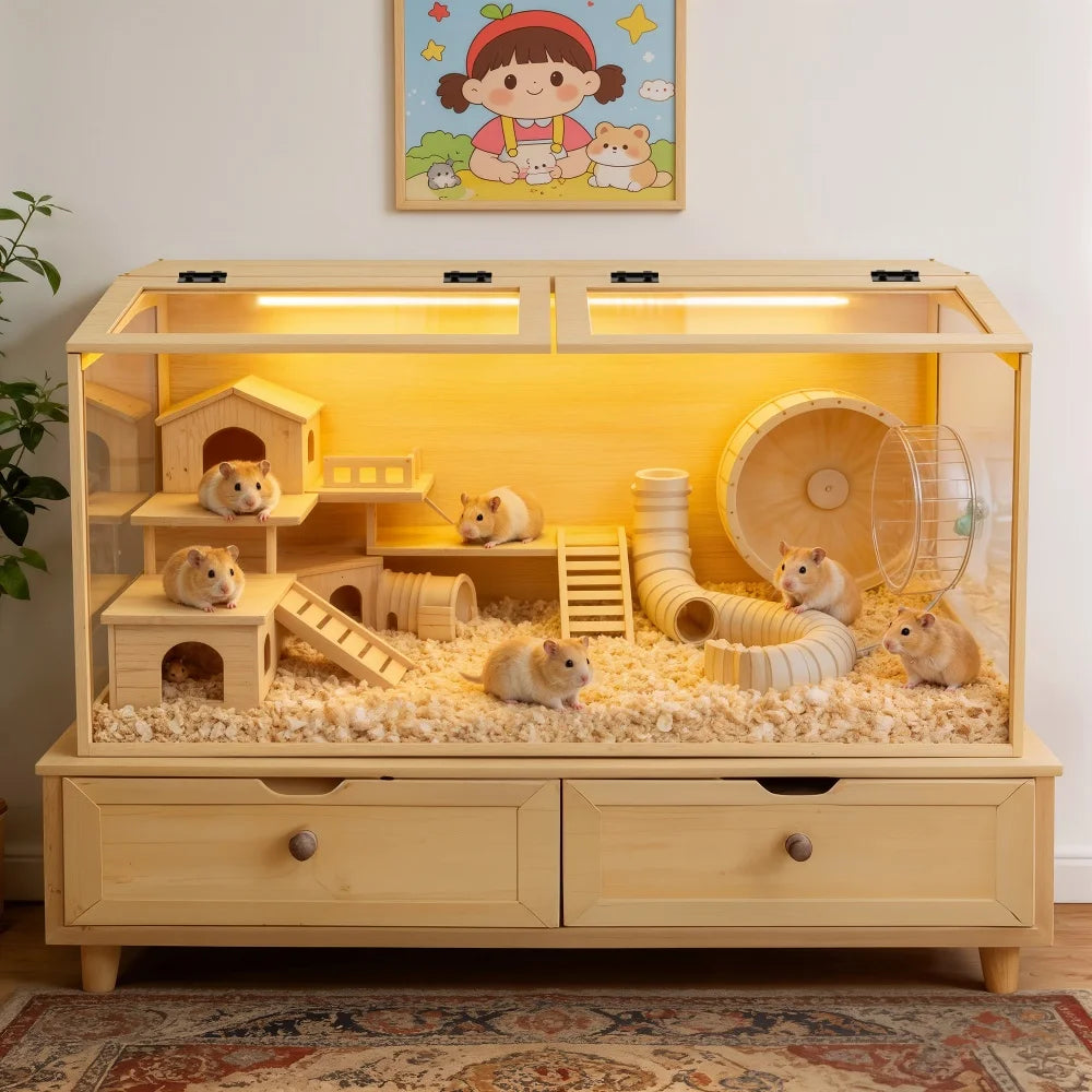Large Wooden Hamster Cage with Glass & LED