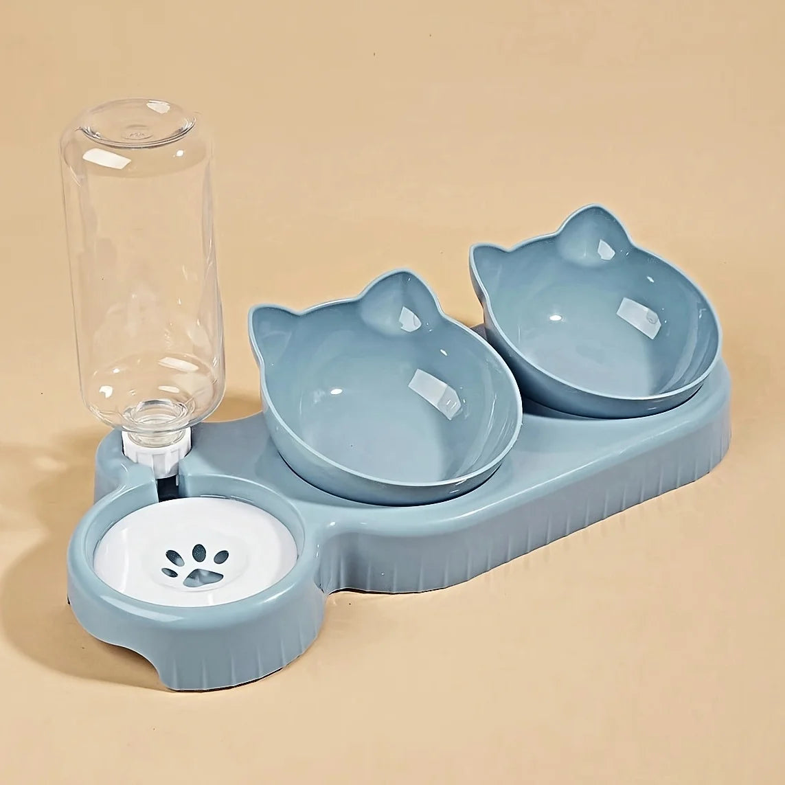 3-In-1 Tilted Cat Bowl Set with Gravity Water Feeder — Cute Ear Design for Neck Protection!