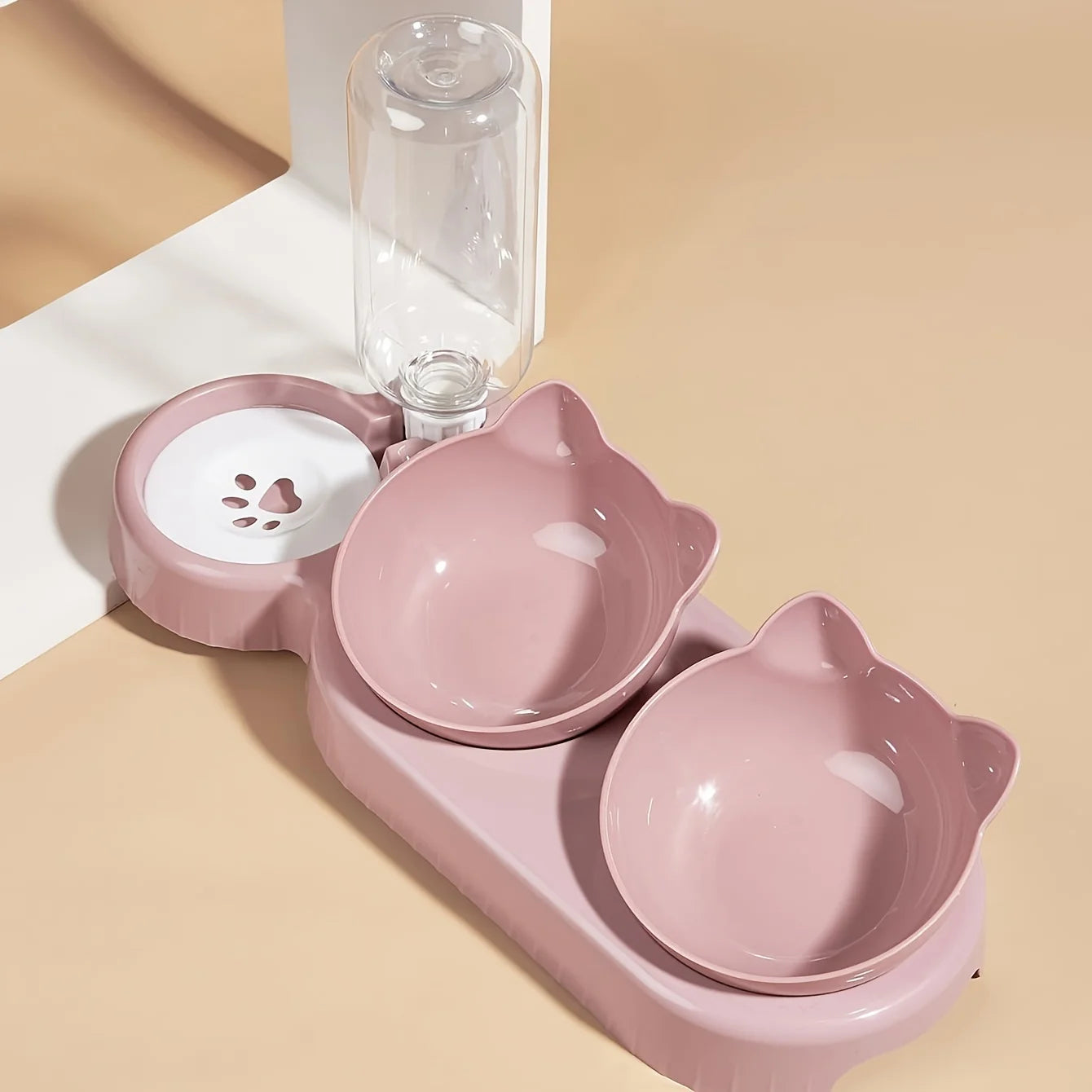 3-In-1 Tilted Cat Bowl Set with Gravity Water Feeder — Cute Ear Design for Neck Protection!