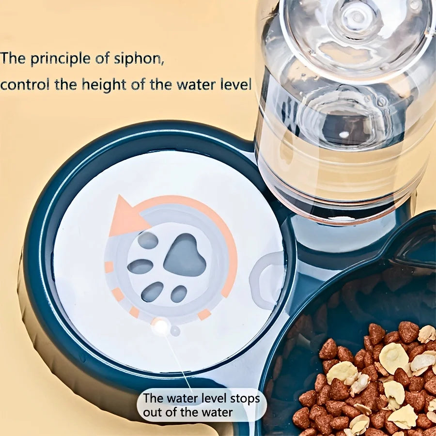 3-In-1 Tilted Cat Bowl Set with Gravity Water Feeder — Cute Ear Design for Neck Protection!