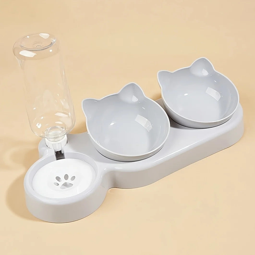 3-In-1 Tilted Cat Bowl Set with Gravity Water Feeder — Cute Ear Design for Neck Protection!