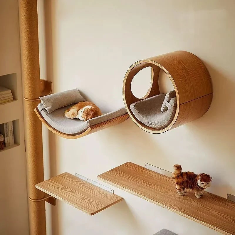 Wooden Wall-Mounted Cat Climbing Shelves — Sisal Scratching Post, Pedal & Hammock Indoor Kitten Playground!