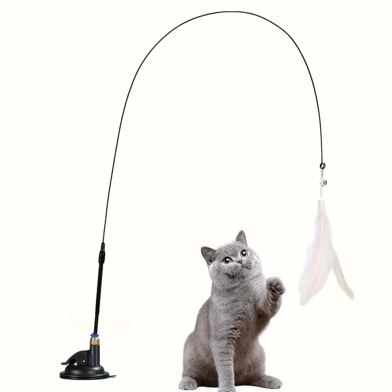 Interactive Feather & Bell Cat Teaser Wand Toy — Suction Cup Pole for Hands-Free Fun!