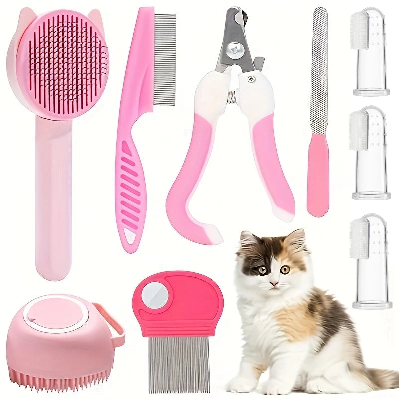 8Pcs Cat Grooming Kit: Brush & Nail Clipper