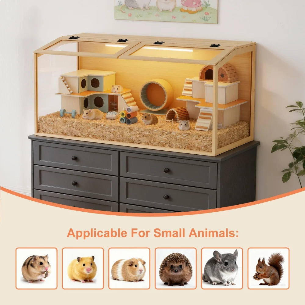 Large Wooden Hamster Cage with Glass & LED