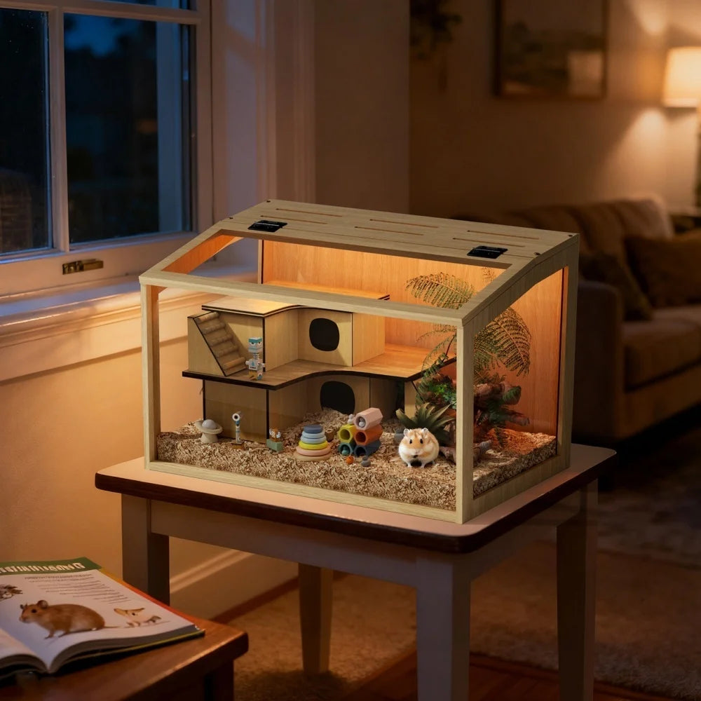 Large Wooden Hamster Cage with Glass & LED