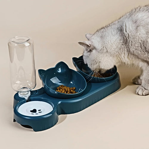 3-In-1 Tilted Cat Bowl Set with Gravity Water Feeder — Cute Ear Design for Neck Protection!