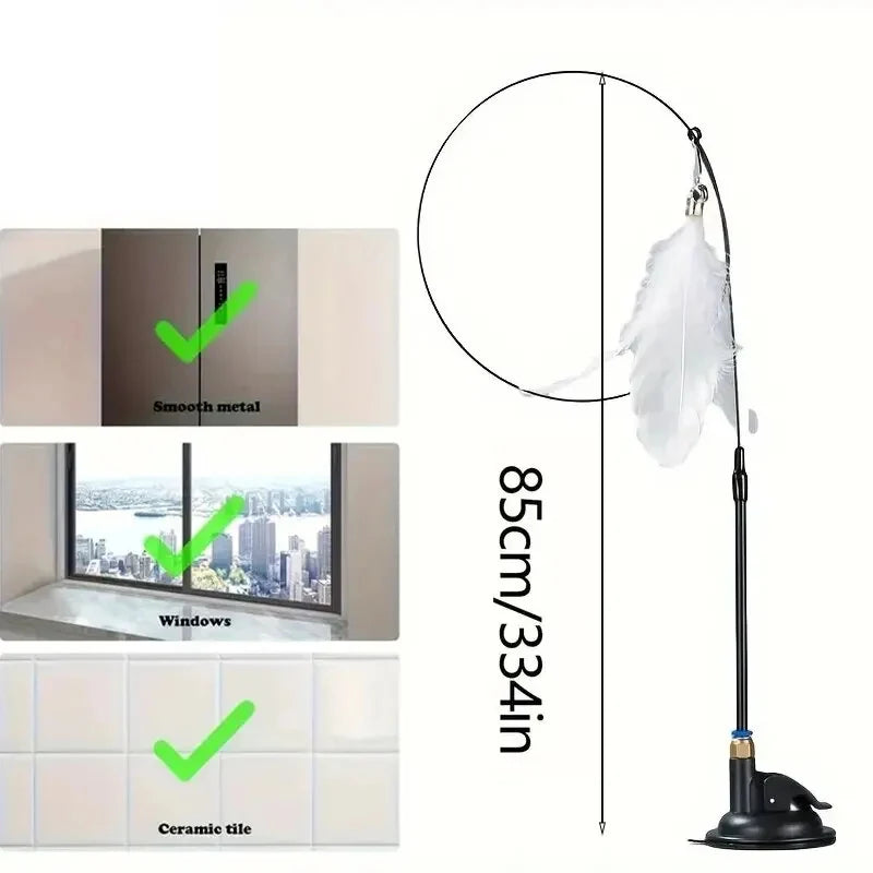 Interactive Feather & Bell Cat Teaser Wand Toy — Suction Cup Pole for Hands-Free Fun!