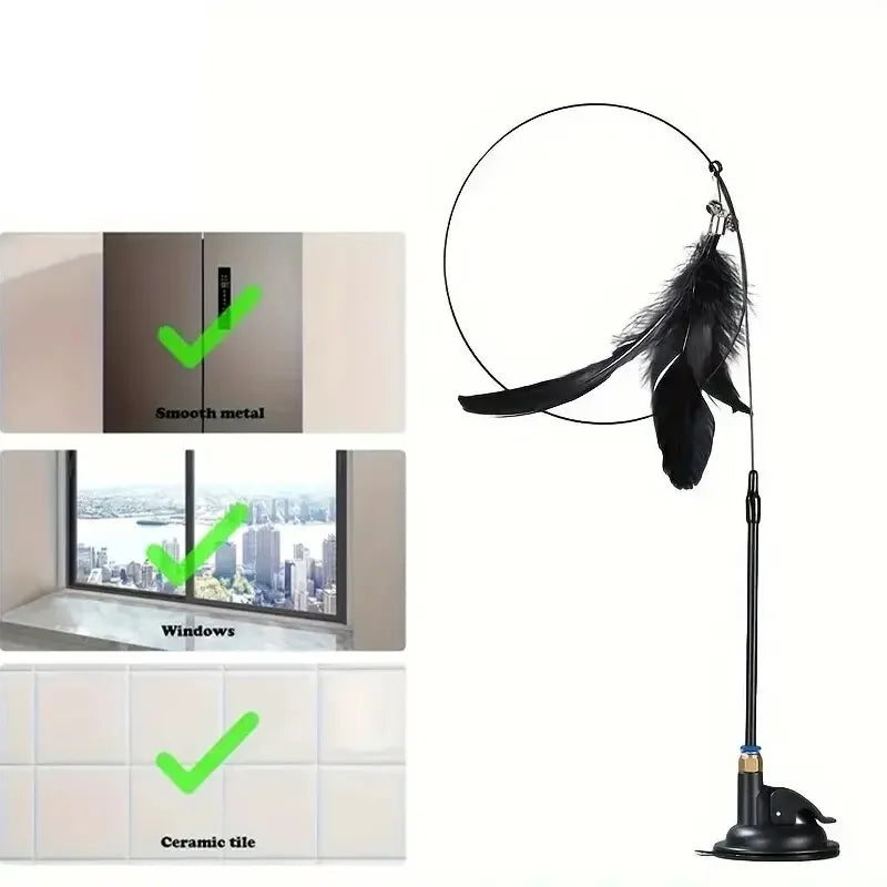 Interactive Feather & Bell Cat Teaser Wand Toy — Suction Cup Pole for Hands-Free Fun!