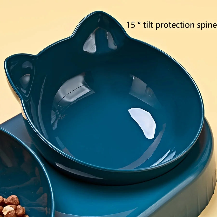 3-In-1 Tilted Cat Bowl Set with Gravity Water Feeder — Cute Ear Design for Neck Protection!
