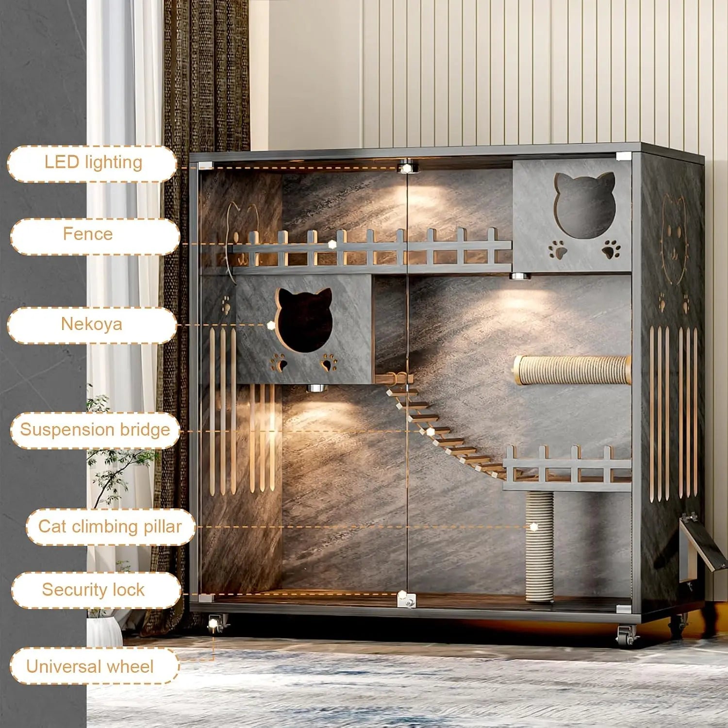 Wooden Cat Cage Indoor with Wheels — Large Condo