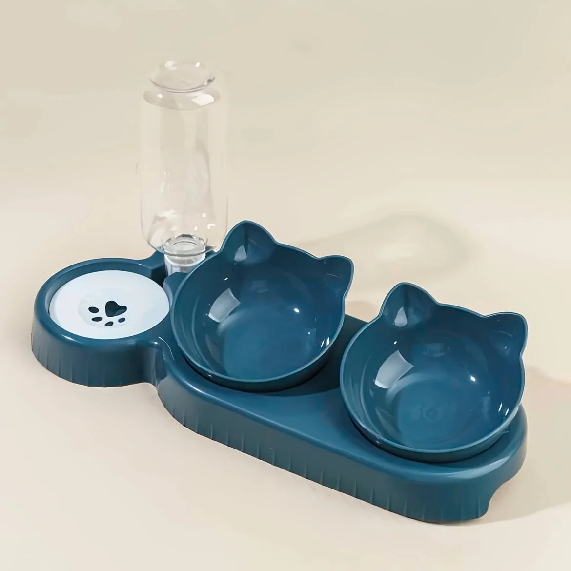 3-In-1 Tilted Cat Bowl Set with Gravity Water Feeder — Cute Ear Design for Neck Protection!