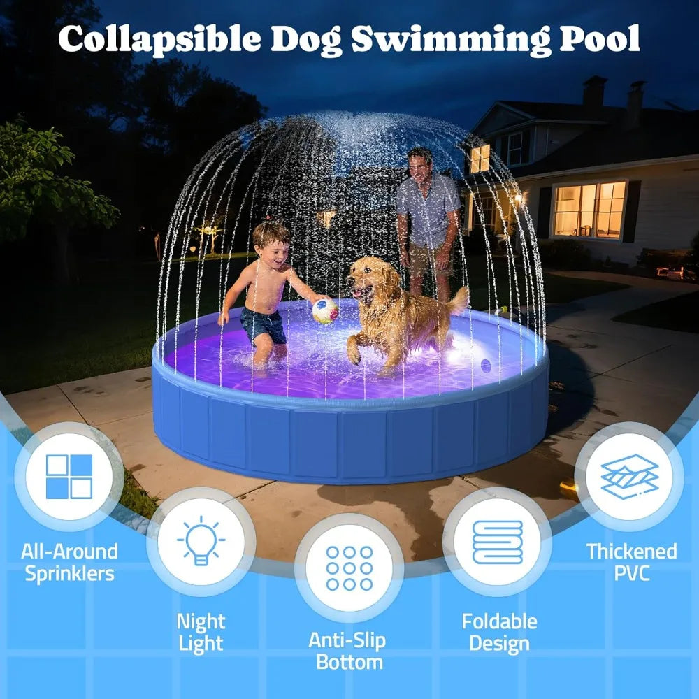 Foldable Dog Pool with Sprinkler & LED Light