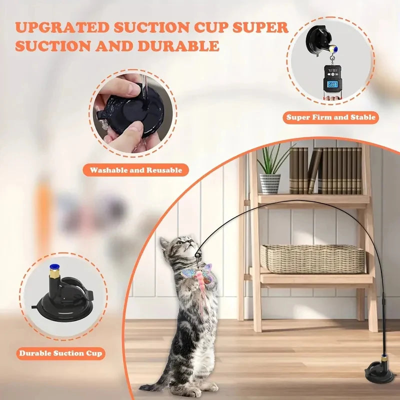 Interactive Feather & Bell Cat Teaser Wand Toy — Suction Cup Pole for Hands-Free Fun!
