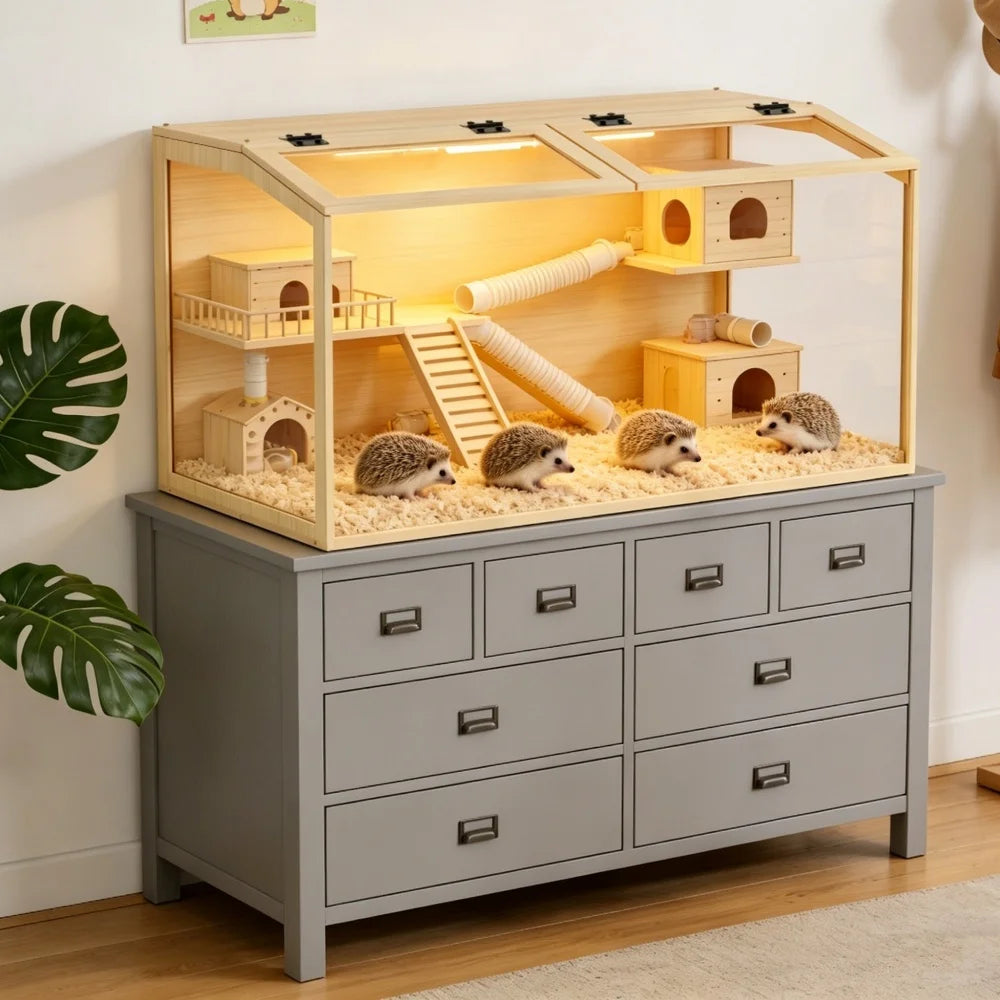 Large Wooden Hamster Cage with Glass & LED