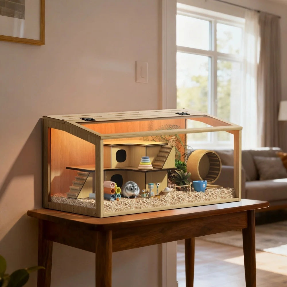 Large Wooden Hamster Cage with Glass & LED