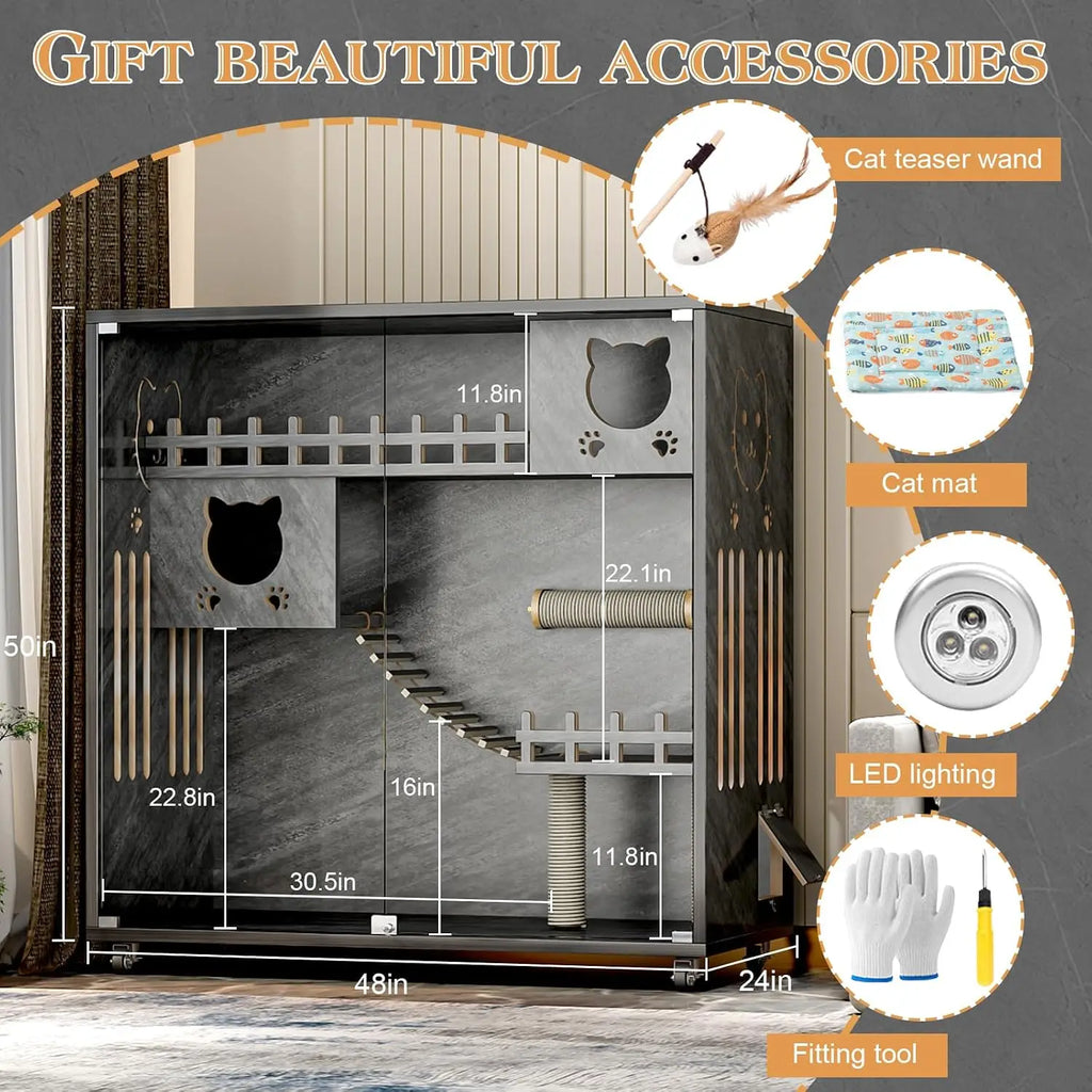 Wooden Cat Cage Indoor with Wheels — Large Condo
