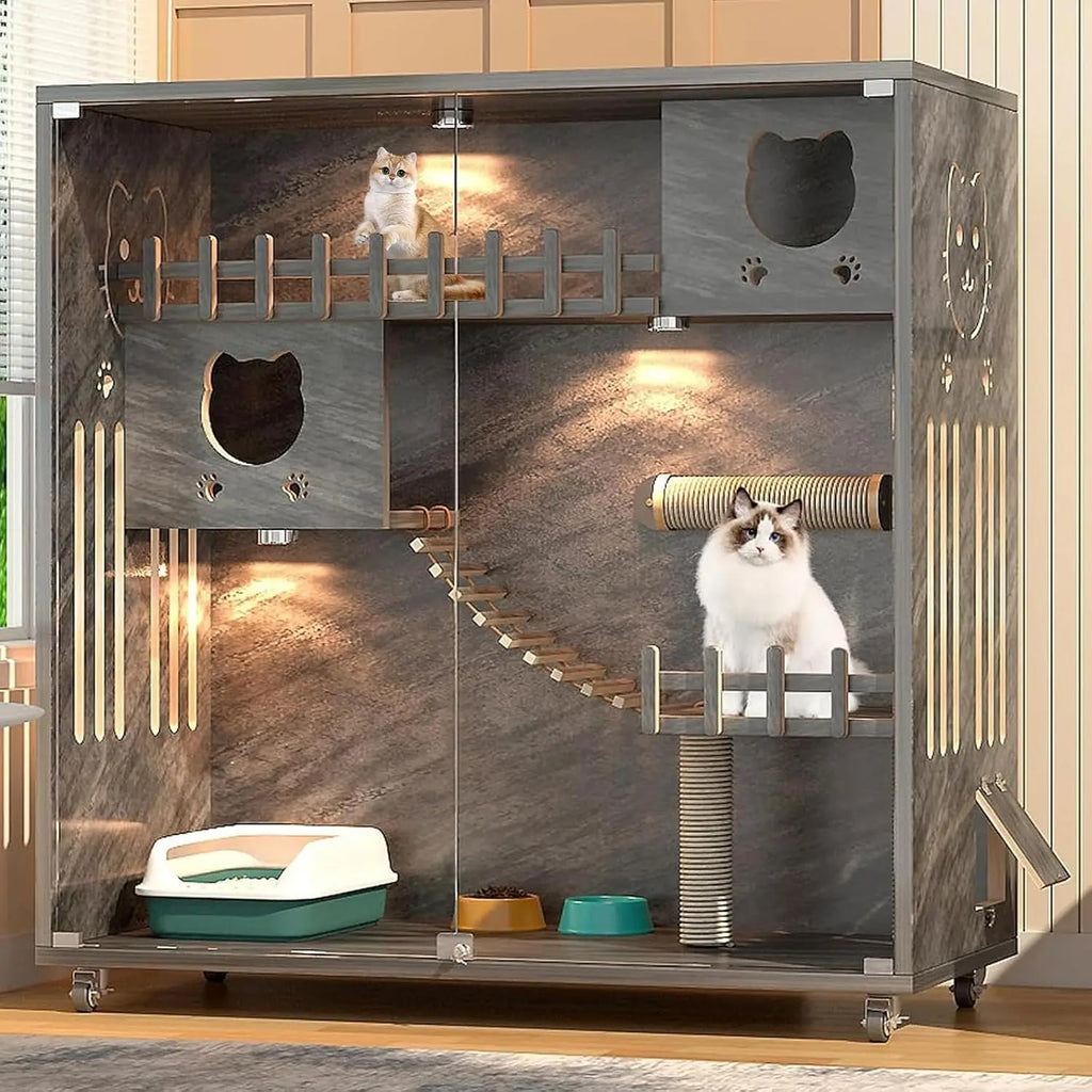 Wooden Cat Cage Indoor with Wheels — Large Condo