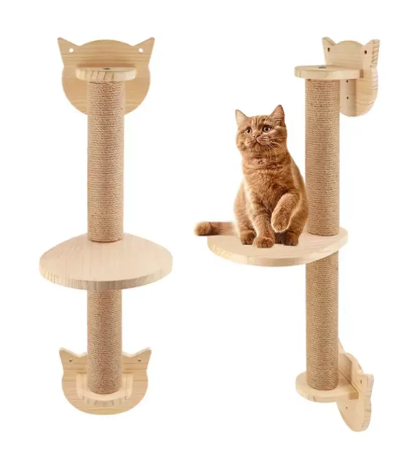 Wooden Wall-Mounted Cat Climbing Shelves — Sisal Scratching Post, Pedal & Hammock Indoor Kitten Playground!