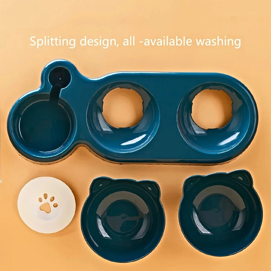 3-In-1 Tilted Cat Bowl Set with Gravity Water Feeder — Cute Ear Design for Neck Protection!